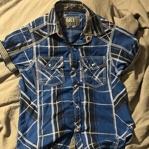 BKE Boys Blue and Black Plaid Button Down Shirt